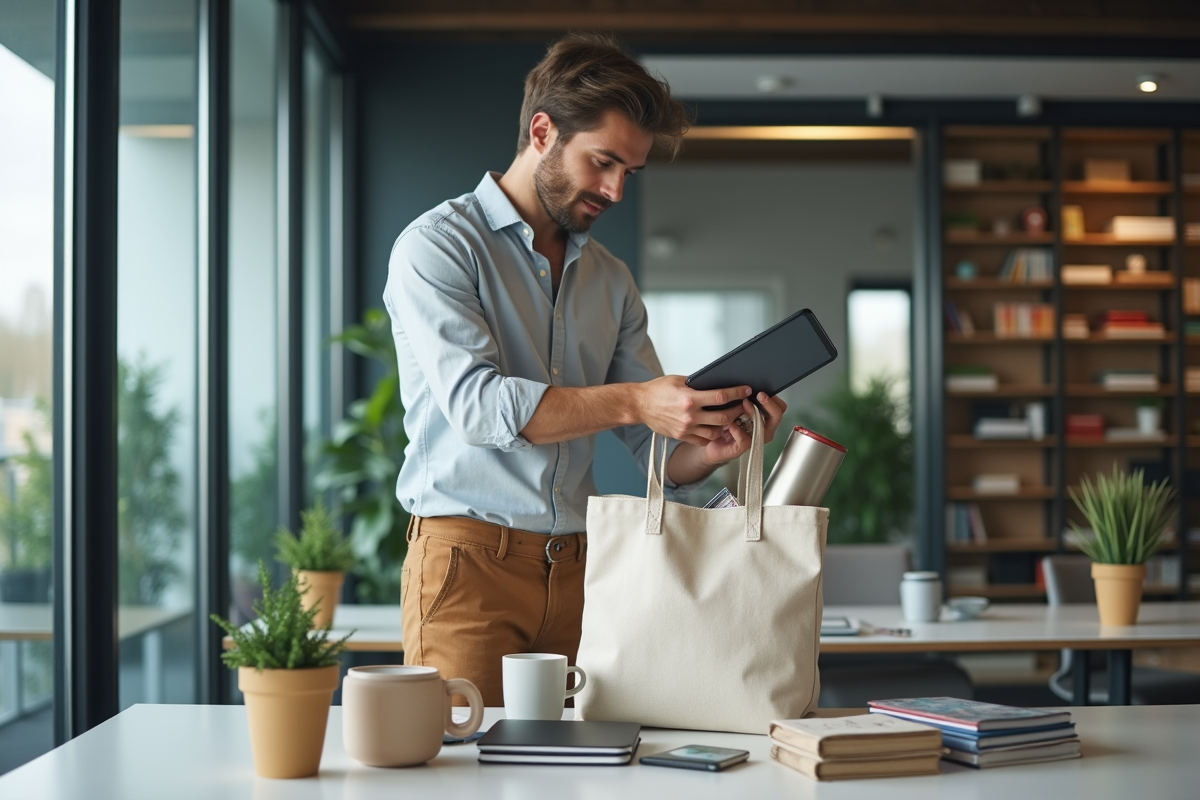 Jeune homme organisant des produits promotionnels au bureau