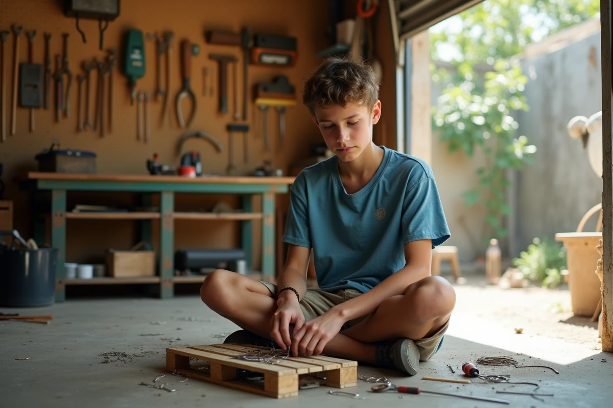 Adolescent créatif fabriquant un organiseur de bureau à partir de palettes recyclées dans un atelier de garage, esprit jugaad et débrouillardise