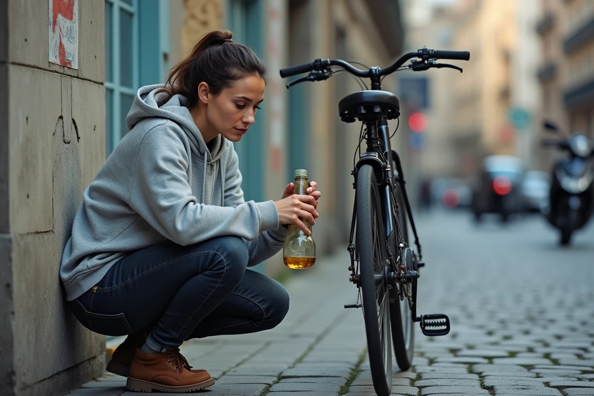 Femme ingénieuse réparant son vélo dans la rue avec des moyens de fortune, illustrant le principe du jugaad urbain