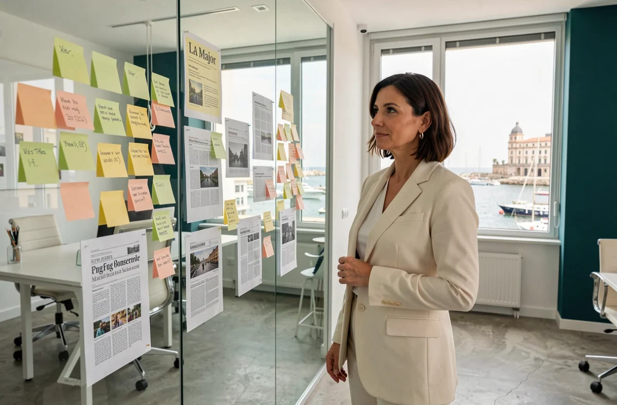Directrice de l'agence de communication La Major à Marseille devant un mur de travail collaboratif avec vue sur le Vieux-Port en arrière-plan
