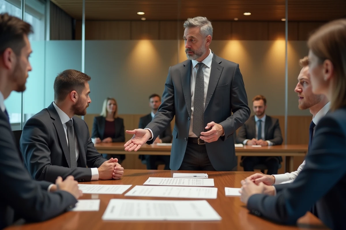 Avocat expliquant des termes &agrave; des clients dans une salle de r&eacute;union