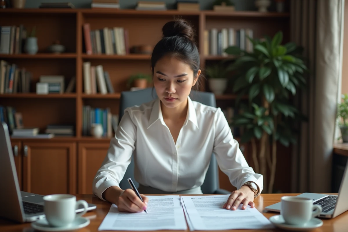 Femme cadre lisant attentivement un document de rupture conventionnelle dans un bureau à domicile