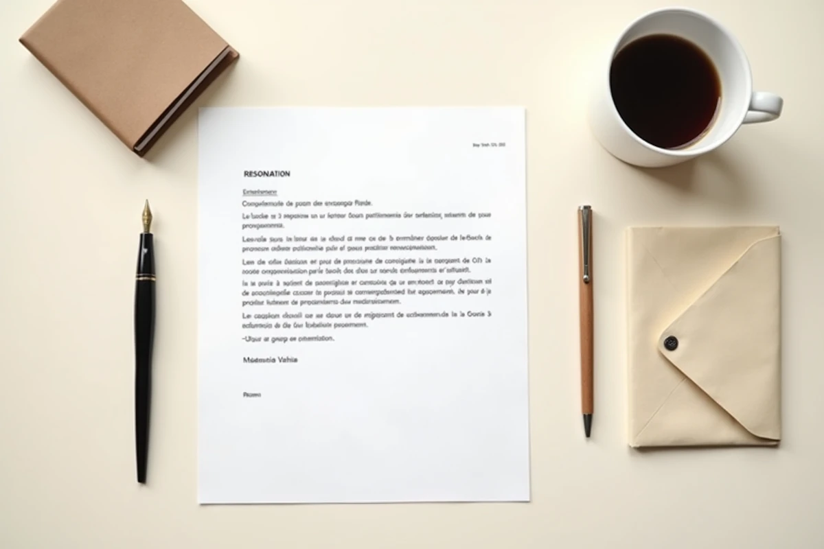 Vue aérienne d'une lettre de démission pour période d'essai posée sur un bureau avec un stylo plume et une enveloppe
