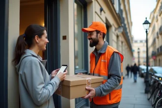 Livreur remettant un colis à une cliente devant un immeuble du 8ème arrondissement de Lyon