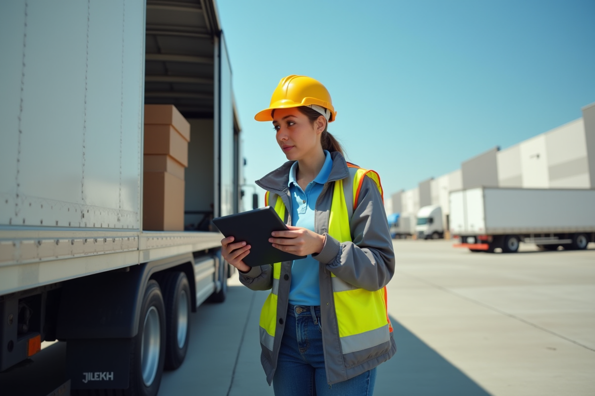 Jeune femme utilisant scanner devant camion de livraison