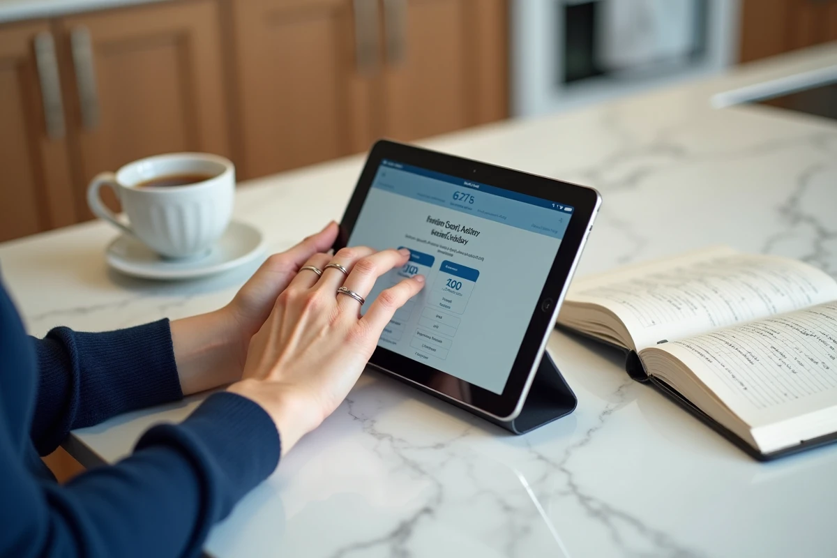 Mains parcourant les offres gratuites et payantes d'Envato Elements sur une tablette posée sur un comptoir de cuisine moderne