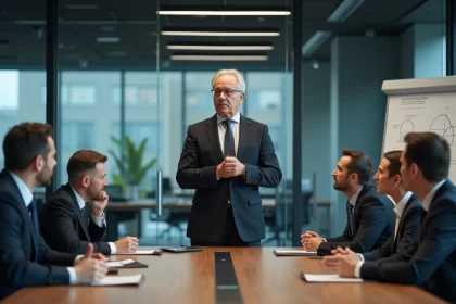 Manager trop confiant prenant la parole en réunion d'entreprise pendant que ses collègues échangent des regards sceptiques, illustrant le principe de Peter et l'effet Dunning-Kruger en milieu professionnel