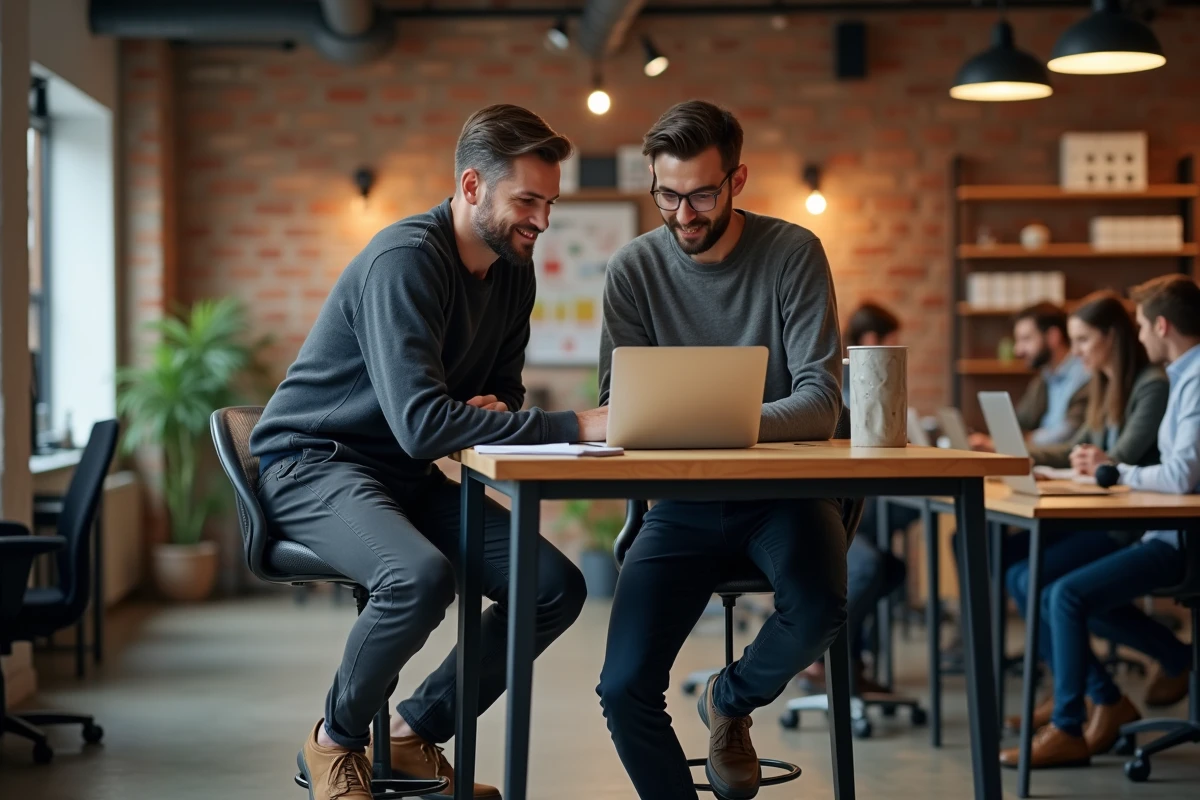 Manager bienveillant accompagnant un collaborateur devant un ordinateur portable dans un bureau open-space au style startup moderne