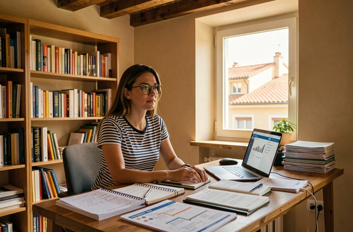 Consultante SEO et contenus de l'agence Mazette à Nice travaillant sur une stratégie éditoriale dans un bureau chaleureux avec vue sur les toits niçois
