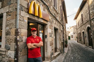Employé McDonald's devant un restaurant intégré dans une rue commerçante de Corse, illustrant l'impact du fast-food sur le tissu commercial local