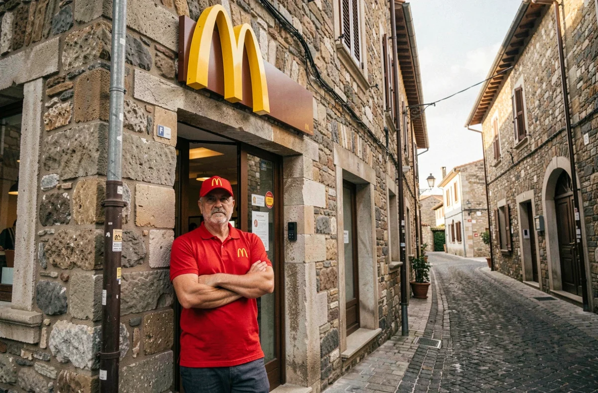 Employé McDonald's devant un restaurant intégré dans une rue commerçante de Corse, illustrant l'impact du fast-food sur le tissu commercial local