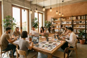 Vue d'ensemble d'une agence de communication moderne en Provence-Alpes-Côte d'Azur avec des équipes créatives collaborant dans un open-space lumineux