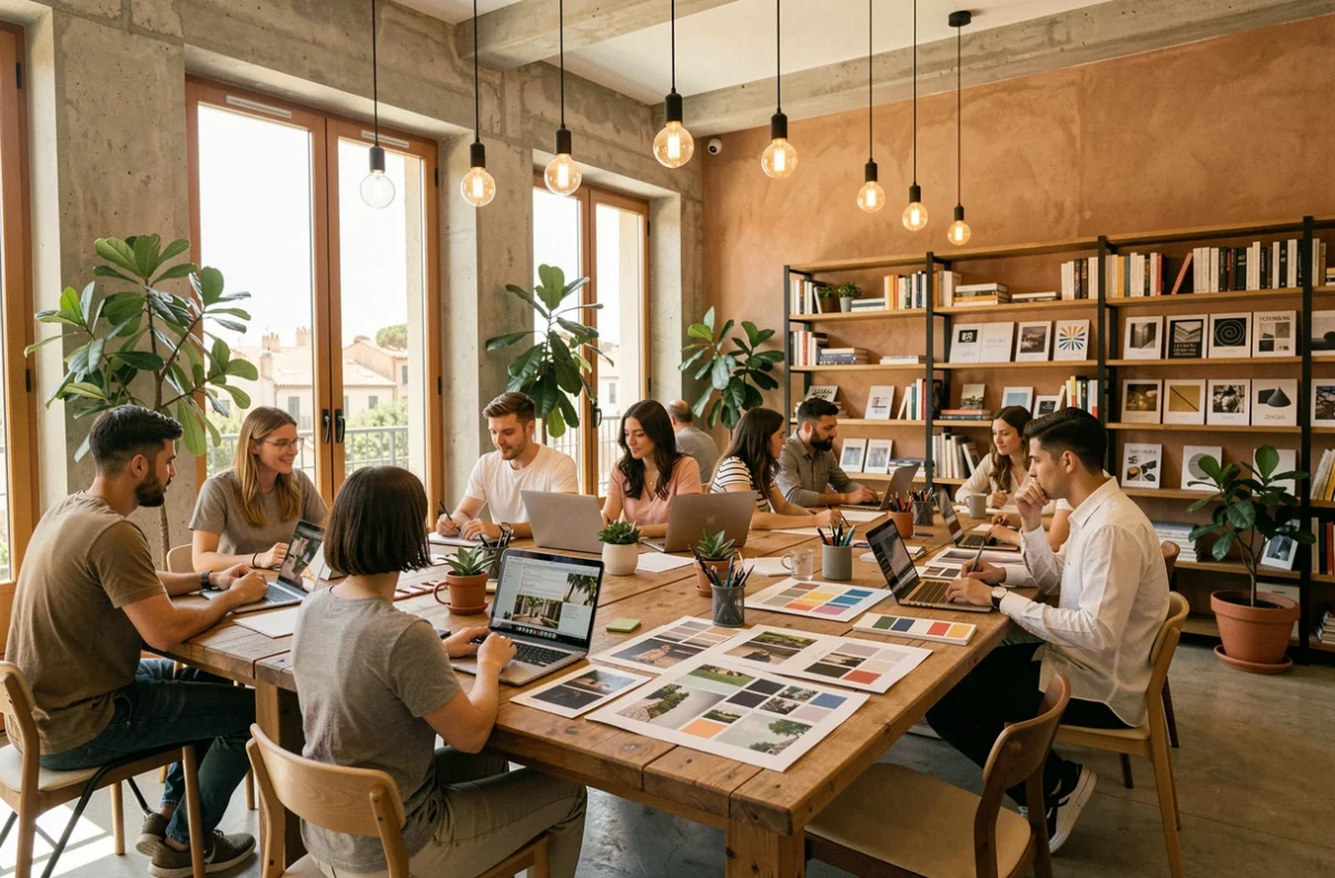 Vue d'ensemble d'une agence de communication moderne en Provence-Alpes-Côte d'Azur avec des équipes créatives collaborant dans un open-space lumineux