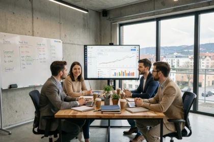 Équipe d'une agence Google Ads en Isère réunie autour d'un écran de performances publicitaires dans un open space moderne