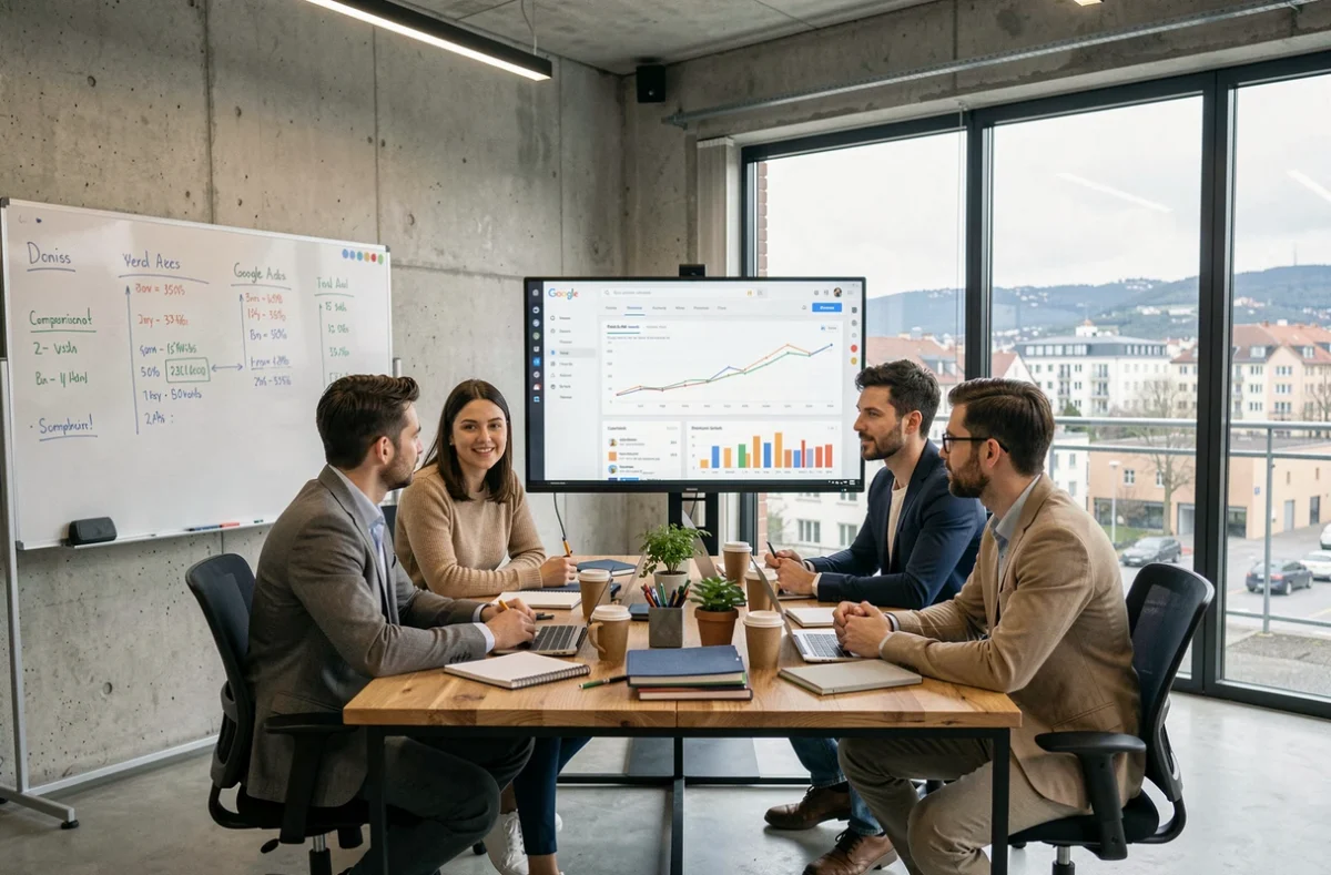 Équipe d'une agence Google Ads en Isère réunie autour d'un écran de performances publicitaires dans un open space moderne