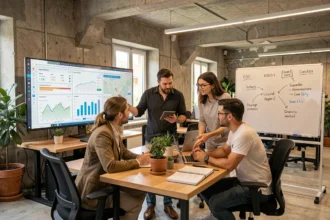 Équipe d'une agence SEO dans le Tarn travaillant sur des tableaux de bord d'analyse et de référencement local