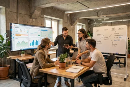 Équipe d'une agence SEO dans le Tarn travaillant sur des tableaux de bord d'analyse et de référencement local