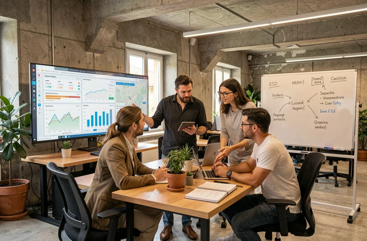 Équipe d'une agence SEO dans le Tarn travaillant sur des tableaux de bord d'analyse et de référencement local