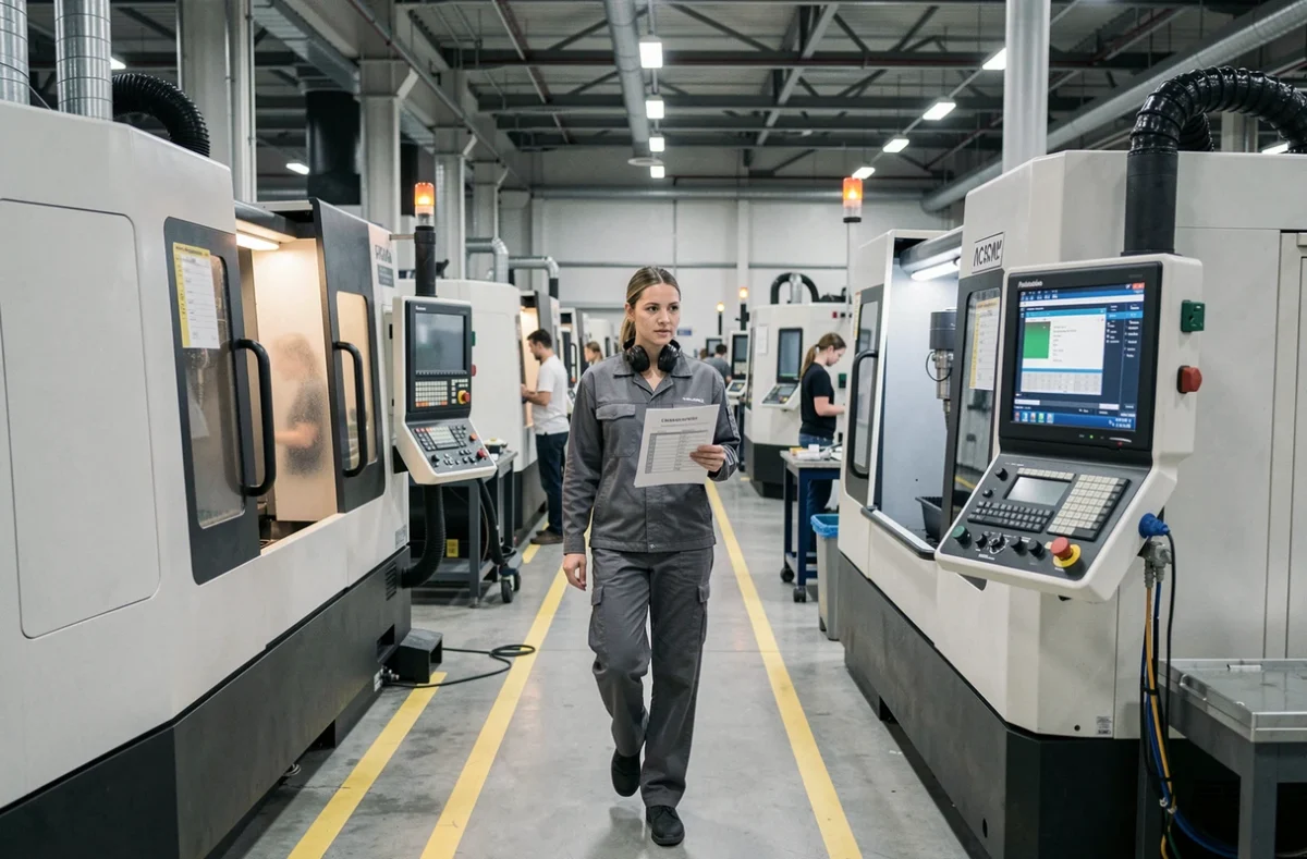 Technicienne supervisant la migration CNC MC dans un atelier en pleine production sans arrêt de fabrication