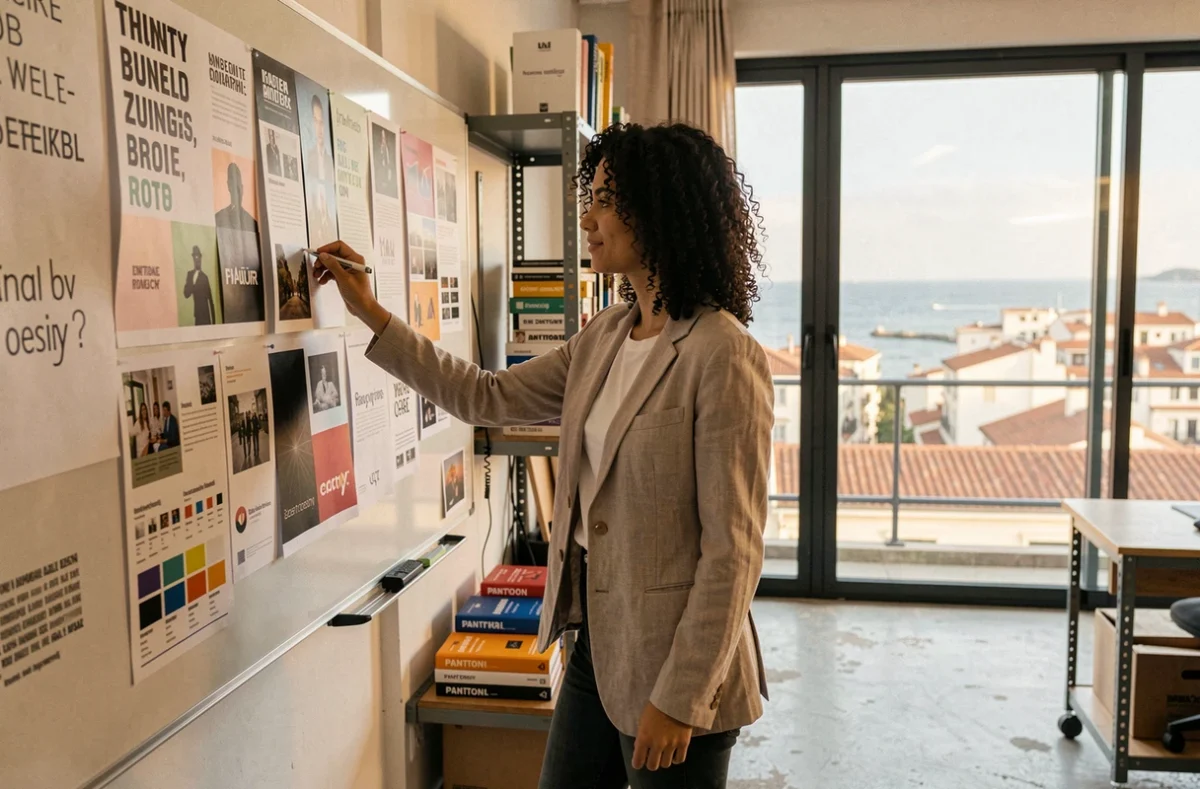 Directrice artistique de l'agence créative Mooood 2 à Marseille travaillant sur des planches d'identité visuelle dans un studio moderne