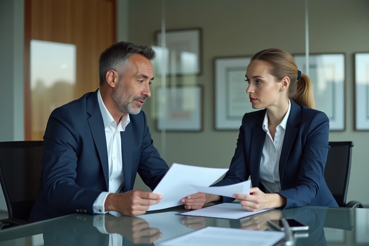 Négociation de licenciement entre un salarié et un responsable RH dans une salle de réunion d'entreprise moderne