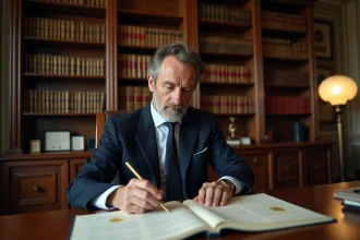 Notaire français en costume sombre examinant des documents officiels avec le sceau notarial dans son bureau traditionnel en bois