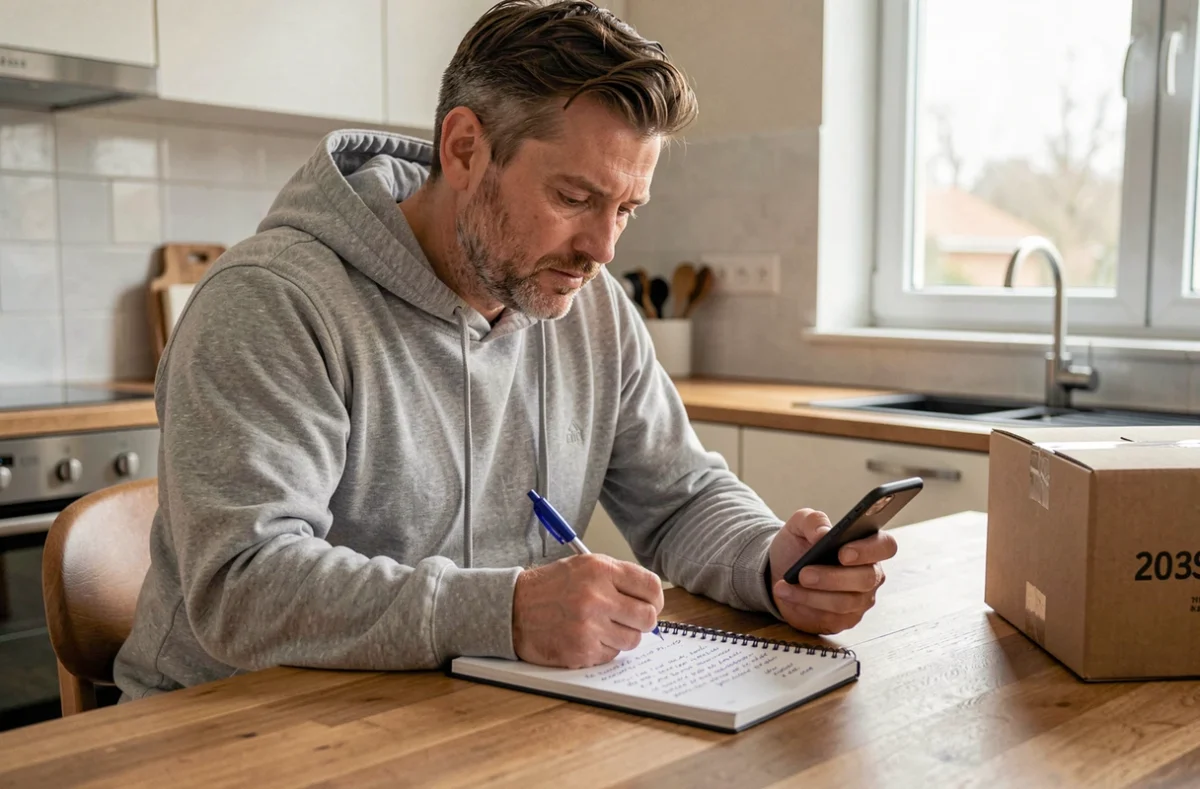 Homme vérifiant le numéro de contact UPS sur son téléphone avec un colis de livraison posé sur la table