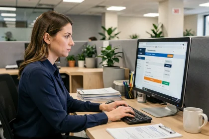 Opératrice de saisie travaillant sur un portail Pôle Emploi dans un bureau administratif moderne