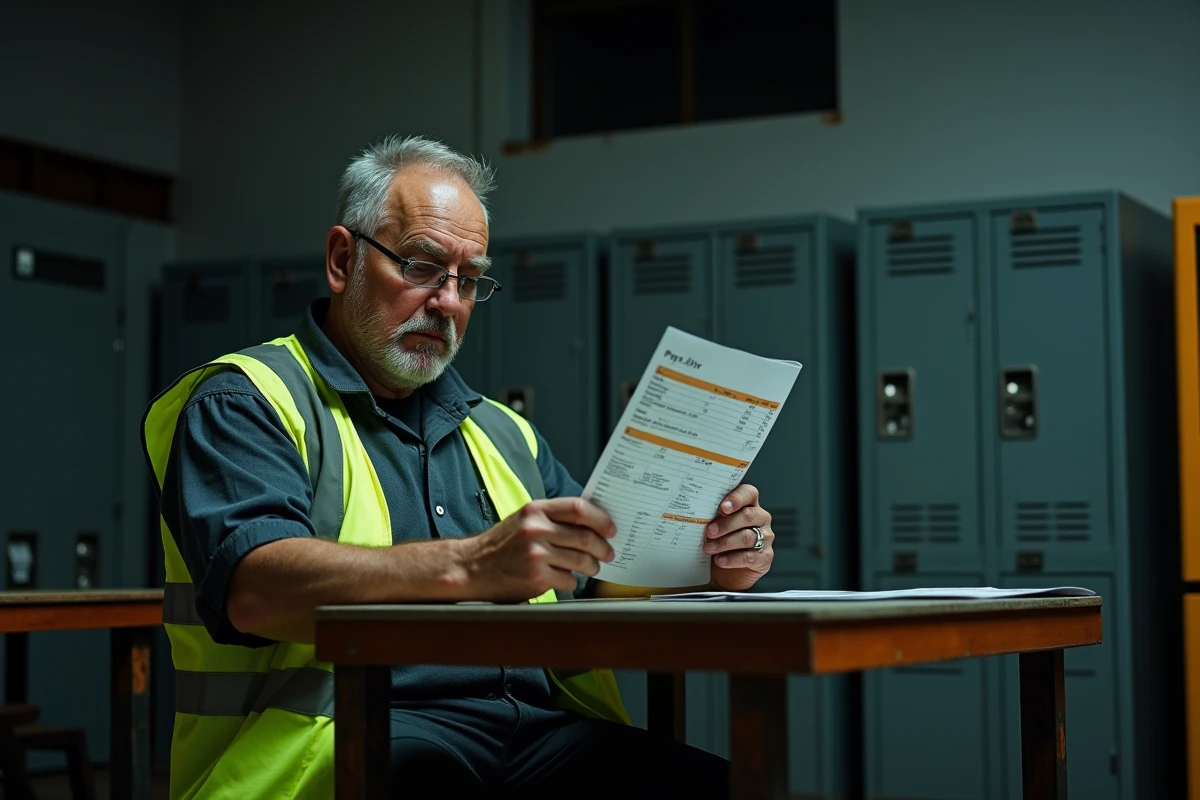 Ouvrier d'usine de nuit examinant sa fiche de paie dans une salle de pause industrielle, droit au salaire de nuit 2026