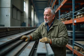 Ouvrier inspectant des profilés métalliques et barres de fer dans un entrepôt de vente au détail