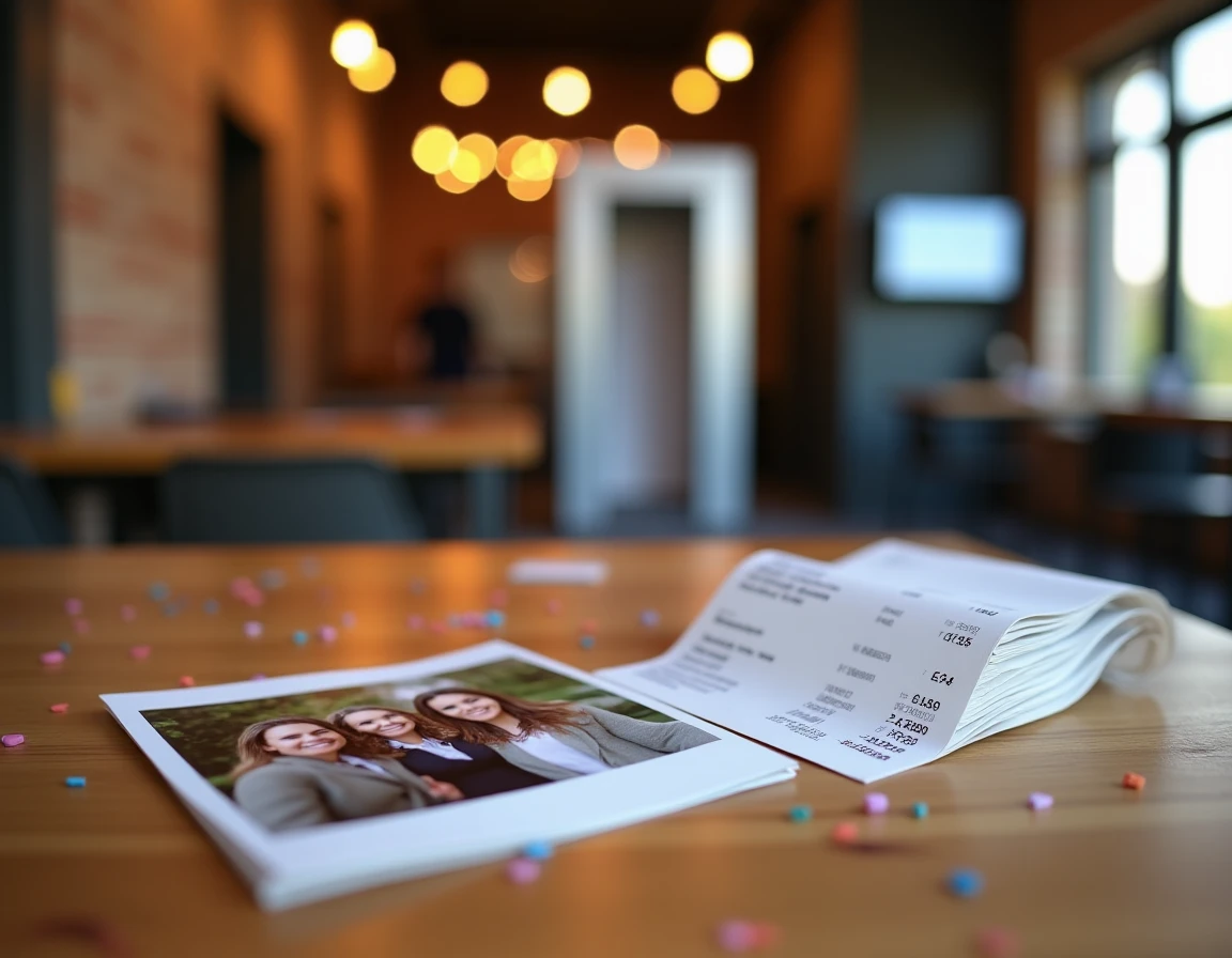 Gros plan sur des photos imprimées par un photo booth et un reçu de tarification posés sur une table en bois