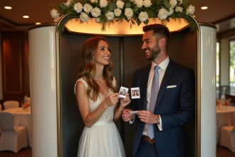 Couple riant dans un photo booth lors d'une réception de mariage, tenant des bandes de photos imprimées à l'instant