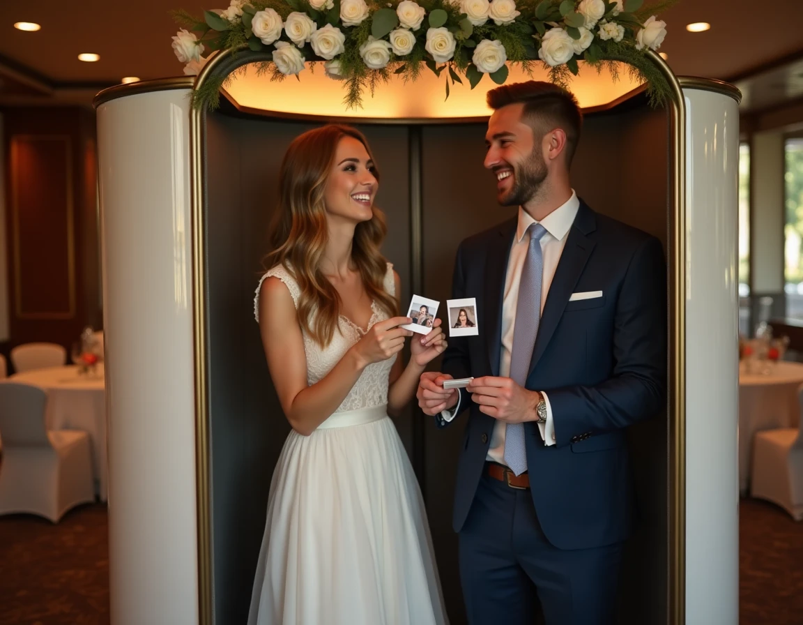 Couple riant dans un photo booth lors d'une réception de mariage, tenant des bandes de photos imprimées à l'instant