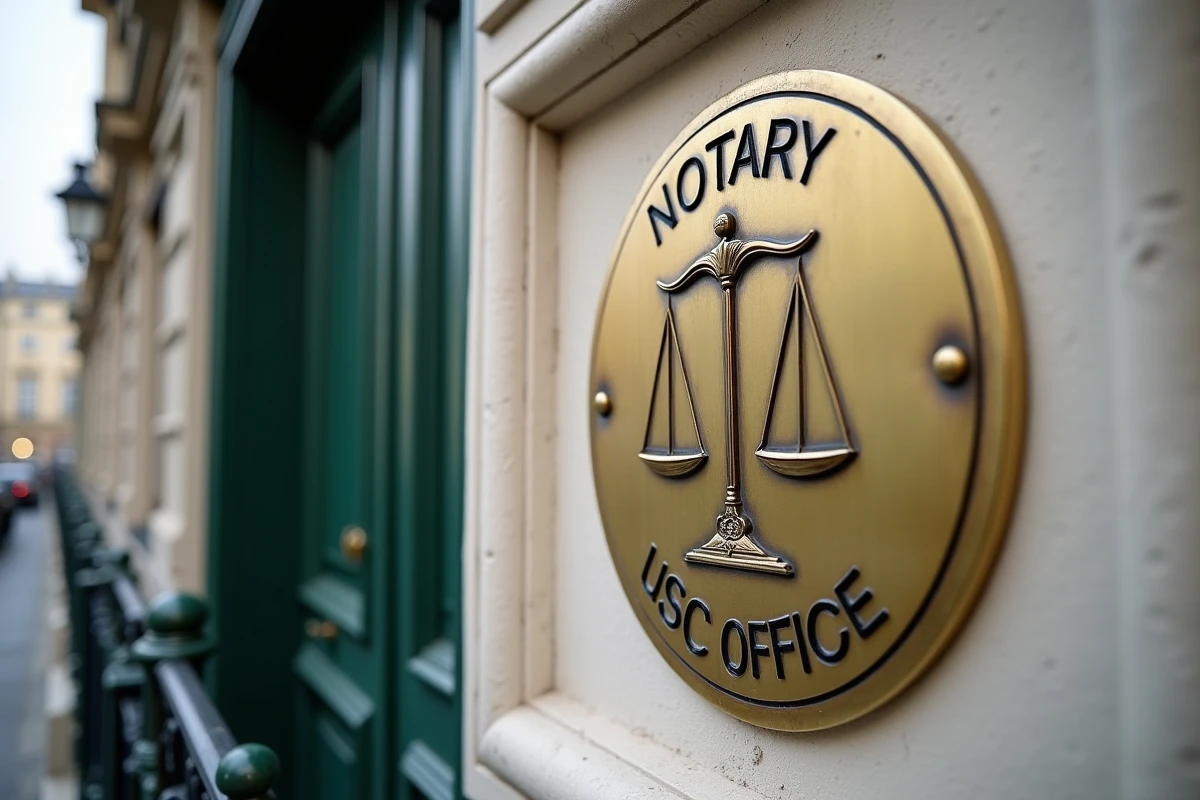 Plaque de cabinet notarial avec logo officiel des notaires de France sur façade haussmannienne en pierre de taille à Paris