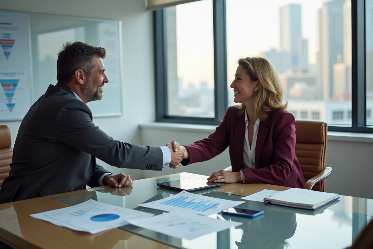 Deux professionnels B2B concluant un partenariat commercial après conversion de contact en client fidèle