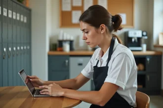 Nouvelle employée Marie Blachère consultant l'intranet de l'entreprise sur une tablette en salle de pause