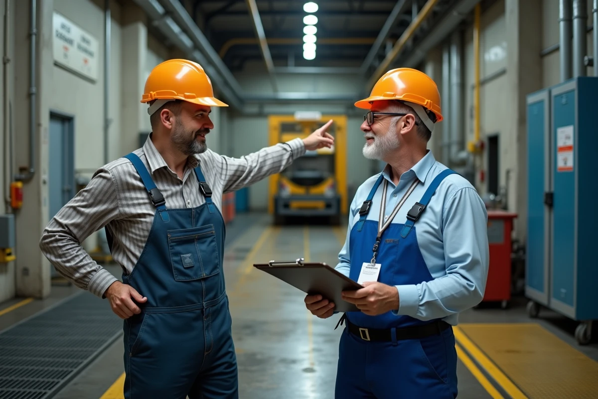 Responsable en costume et technicien en bleu de travail dans un couloir d'usine industrielle, illustrant le fossé entre compétences techniques et autorité hiérarchique dans une organisation confrontée au principe de Peter