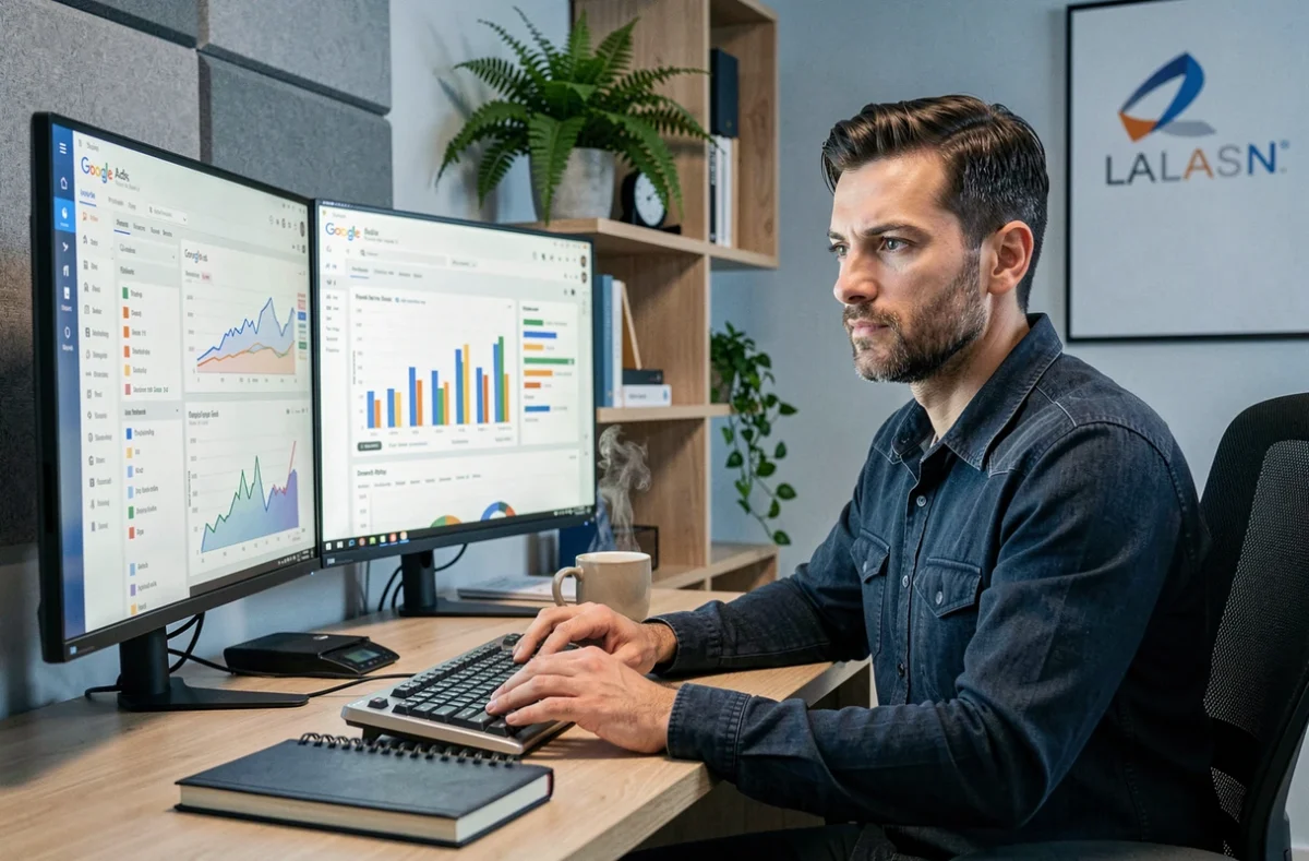 Analyste de données de l'agence Prisme consultant des rapports Google Ads sur plusieurs écrans dans un bureau organisé