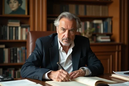 Producteur de cinéma expérimenté relisant un scénario dans son bureau parisien entouré de livres de film