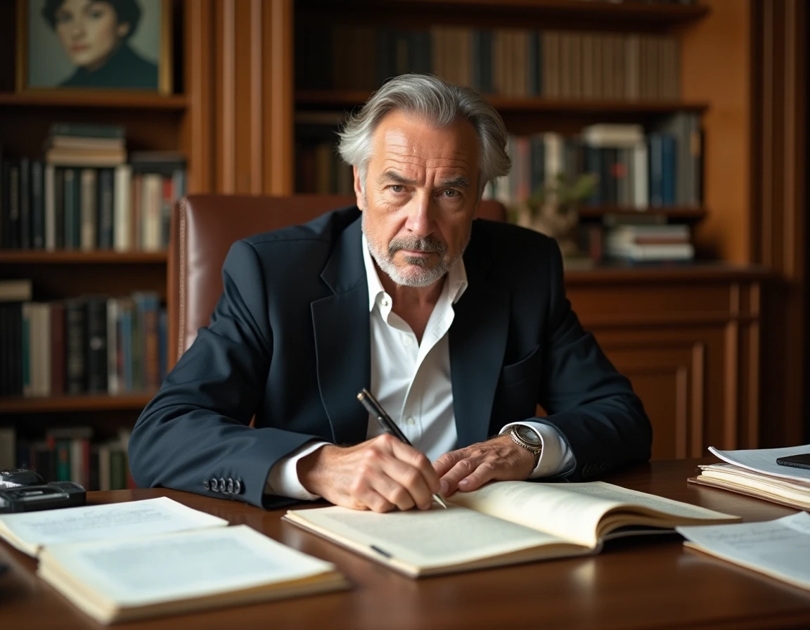 Producteur de cinéma expérimenté relisant un scénario dans son bureau parisien entouré de livres de film