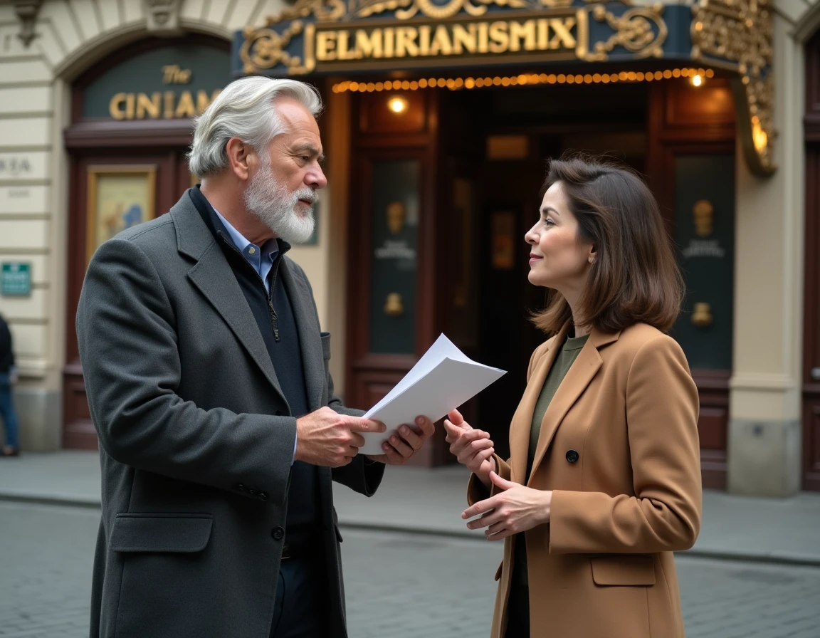 Producteur et collaboratrice discutant d'un projet cinématographique devant une salle de cinéma parisienne Art Déco