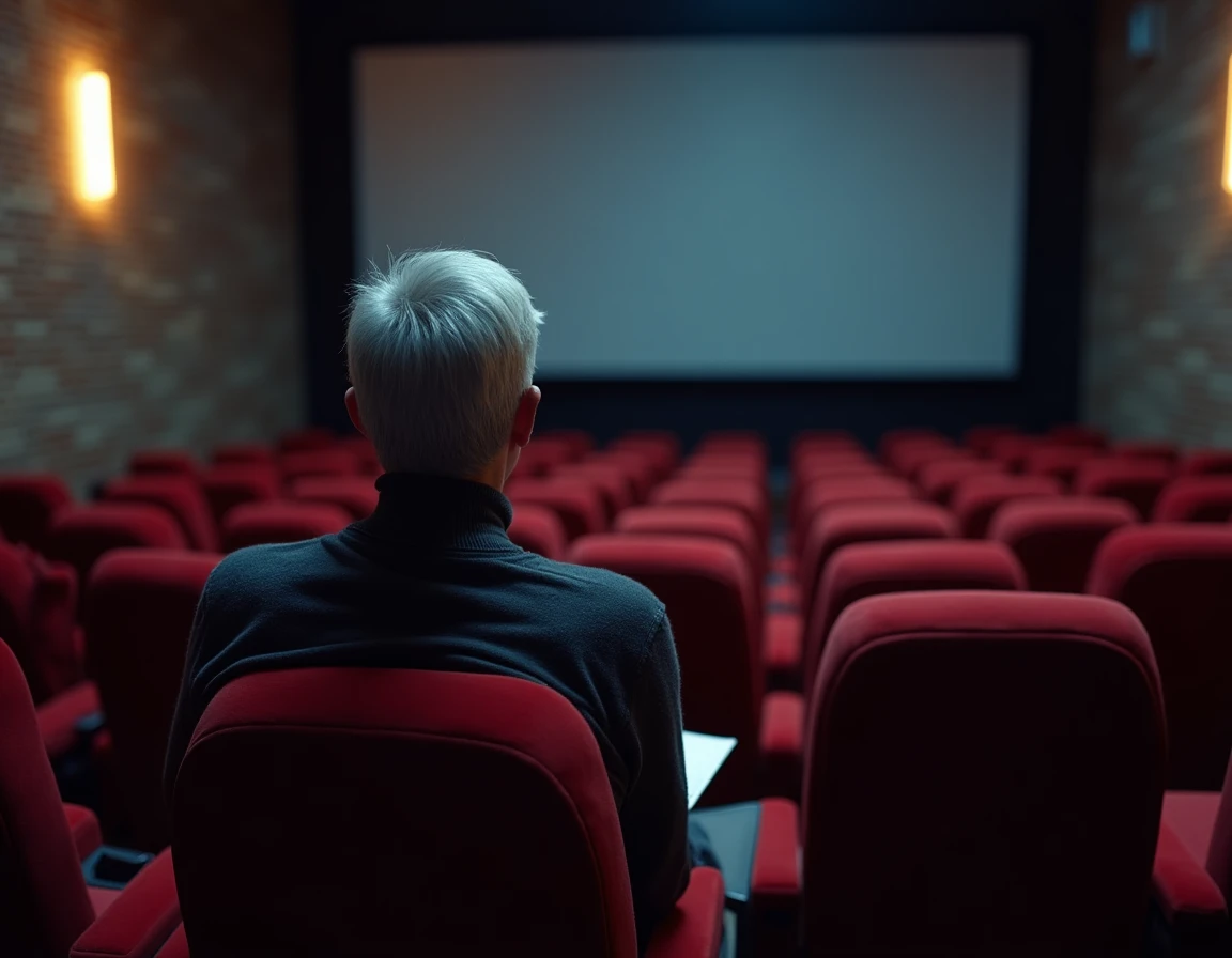 Producteur de cinéma seul dans une salle de projection privée analysant un film en cours de sélection