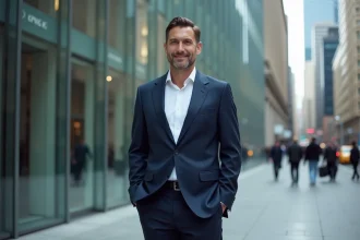 Professionnel en costume devant un immeuble de bureau KPMG dans un quartier d'affaires moderne