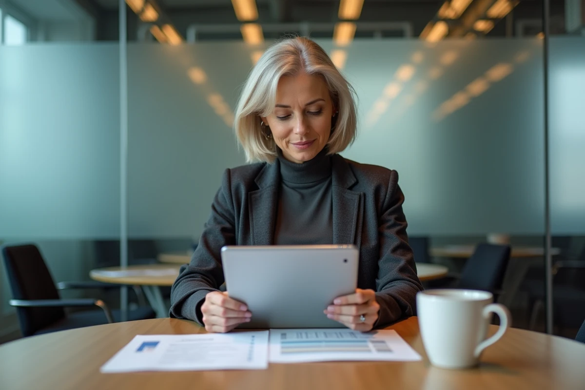 Professionnelle de l'assurance analysant des rapports de l'extranet AXA en salle de réunion avec tablette et documents imprimés