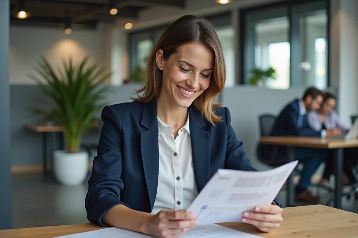 Professionnelle B2B en blazer marine analysant un rapport commercial dans un bureau moderne