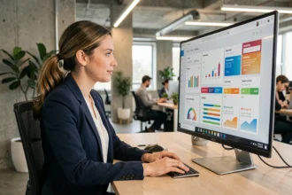 Professionnelle analysant des outils IA de marketing automation sur un tableau de bord numérique dans un bureau moderne