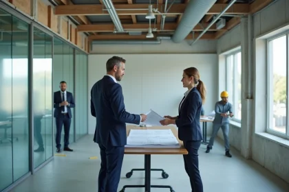 Deux professionnels examinent des plans dans un bureau modulaire en construction