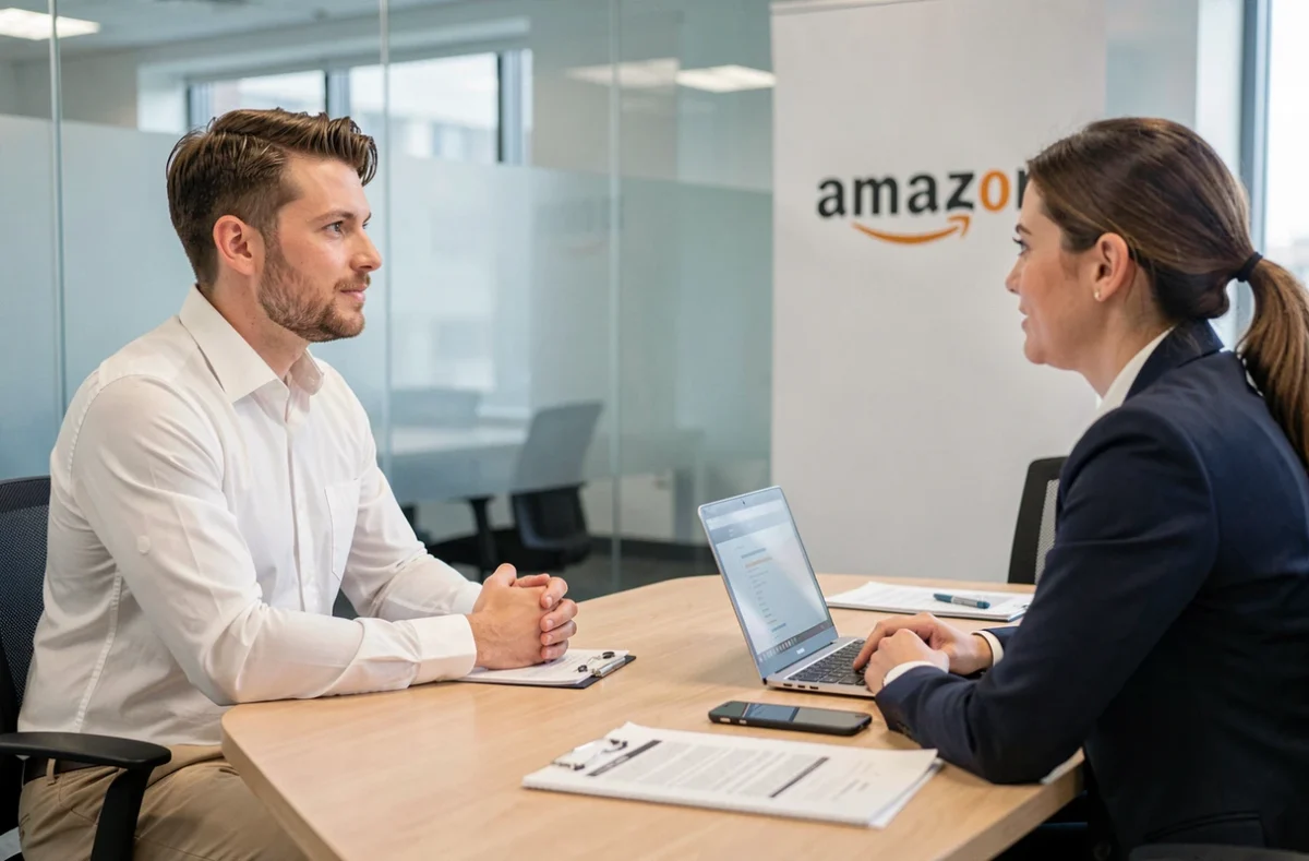 Personne en reconversion professionnelle lors d'un entretien d'embauche chez Amazon dans une salle de réunion moderne