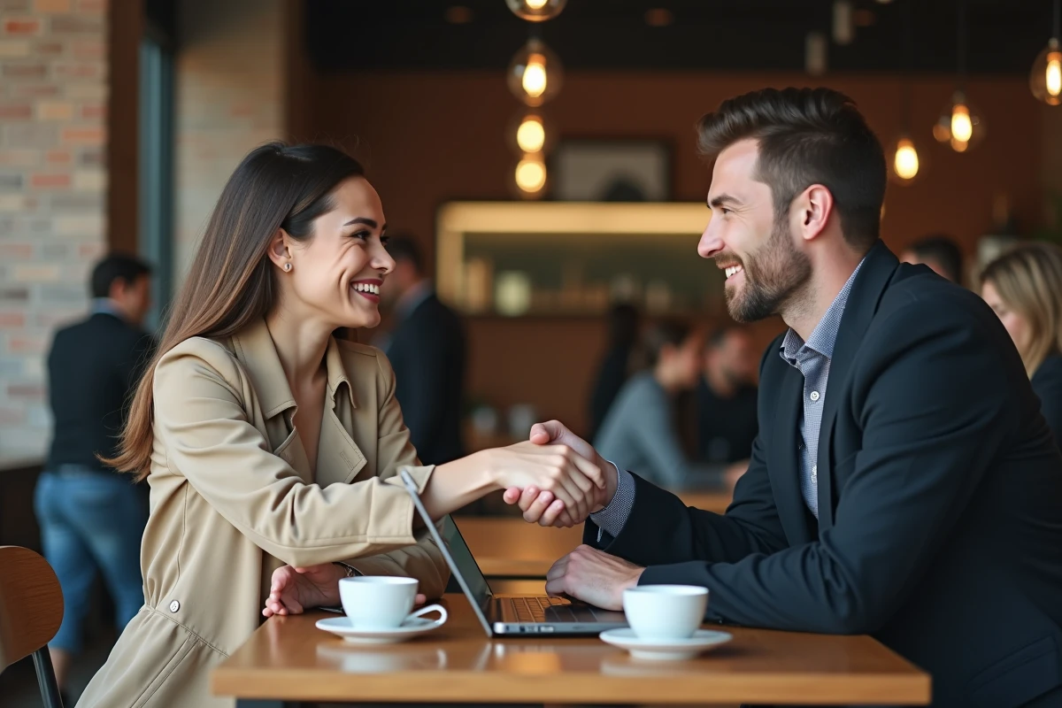 Deux professionnels se serrant la main lors d'un premier rendez-vous issu d'une prise de contact LinkedIn dans un café moderne