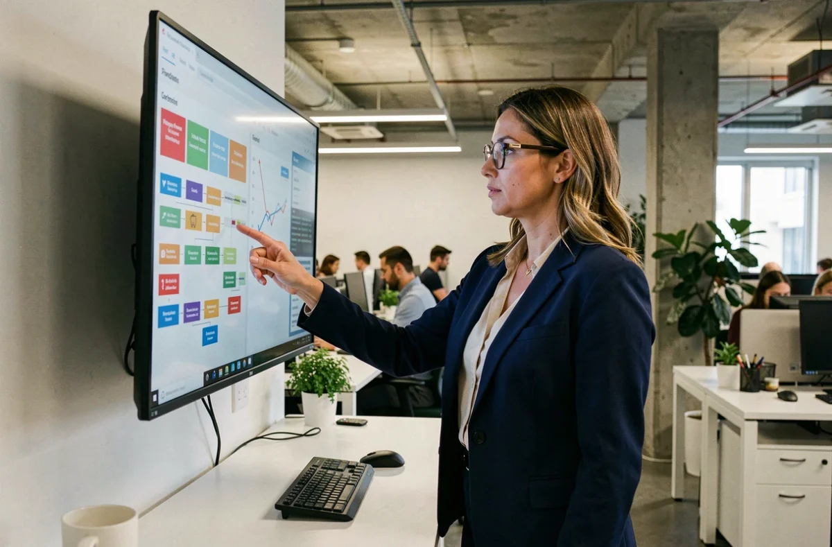 Responsable data pointant un tableau de bord de conformité RGPD sur écran mural dans un bureau open space moderne